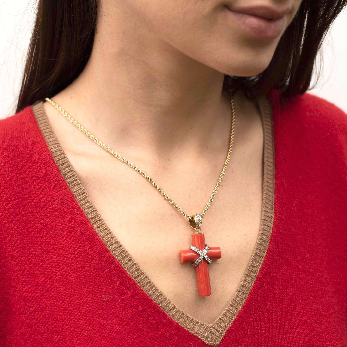 CORAL KRUIS HANGER KETTING MET DIAMANTEN - GOUD