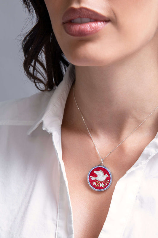 PEACE DOVE - RED MICROMOSAIC - ZILVER KETTING