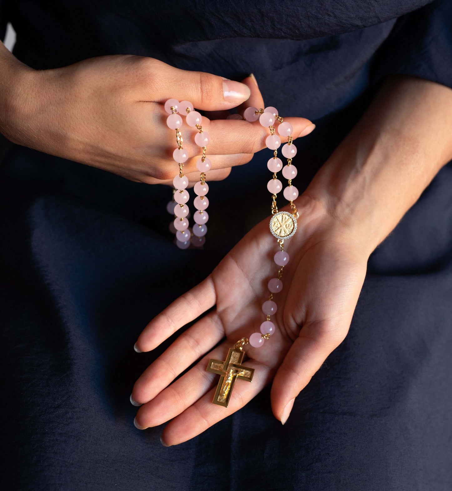 ROSE QUARTZ ROZENKRANS - VERMEIL ZILVER