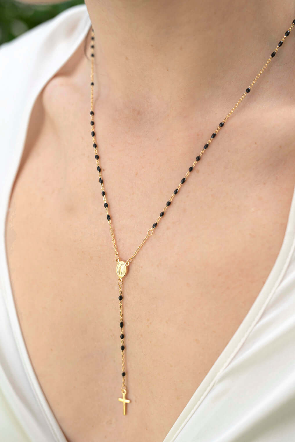ROSARY NECKLACE - VERMEIL SILVER - BLACK ENAMEL