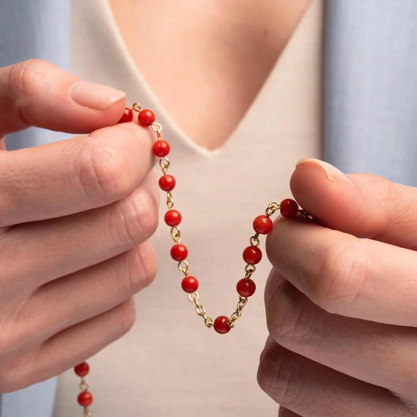 CORAL ROSARY - GOLDEN SILVER