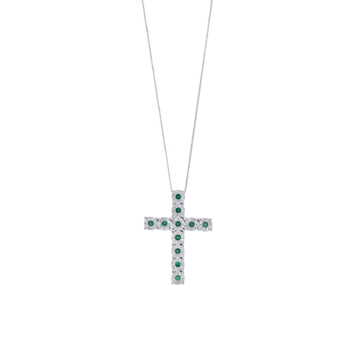CROSS DIAMONDS NECKLACE - EMERALD AND WHITE GOLD