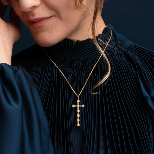 CROSS NECKLACE - PEARLS AND GOLD