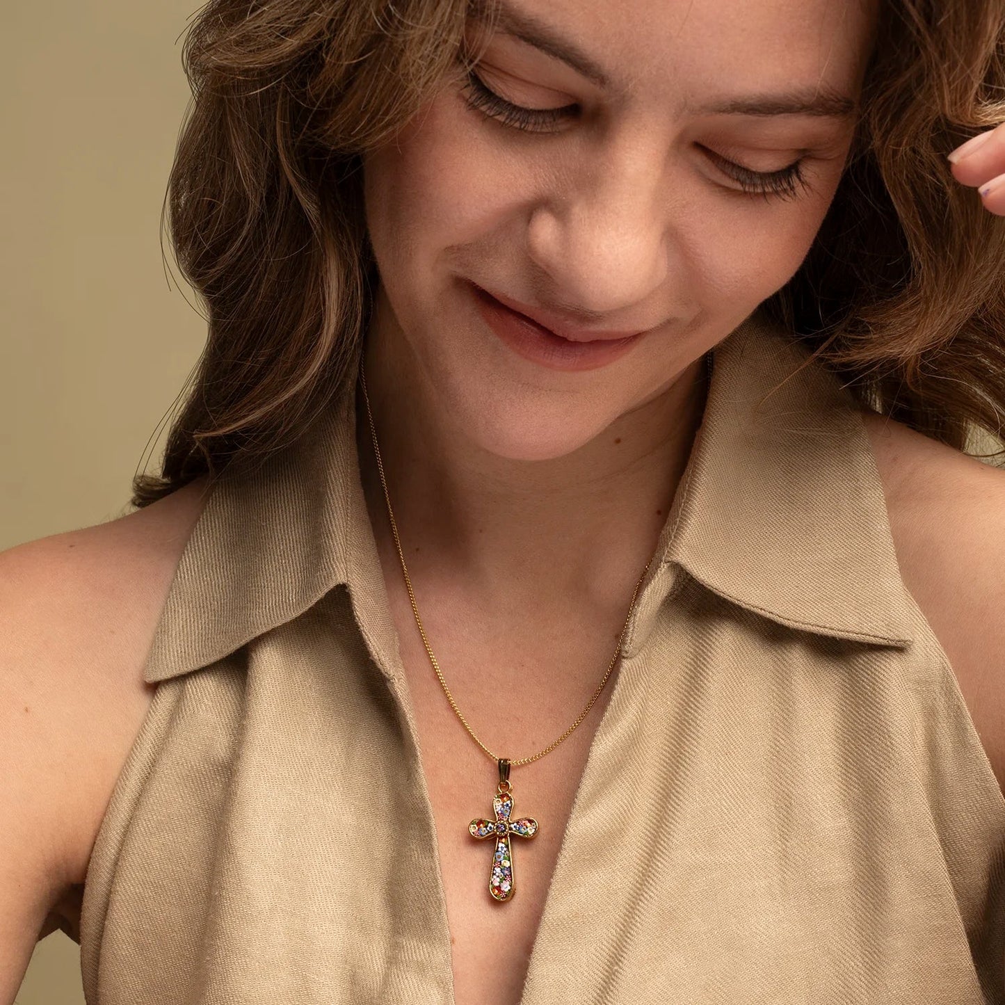 CROSS PENDANT - MICROMOSAIC JEWELRY - GOLDEN METAL