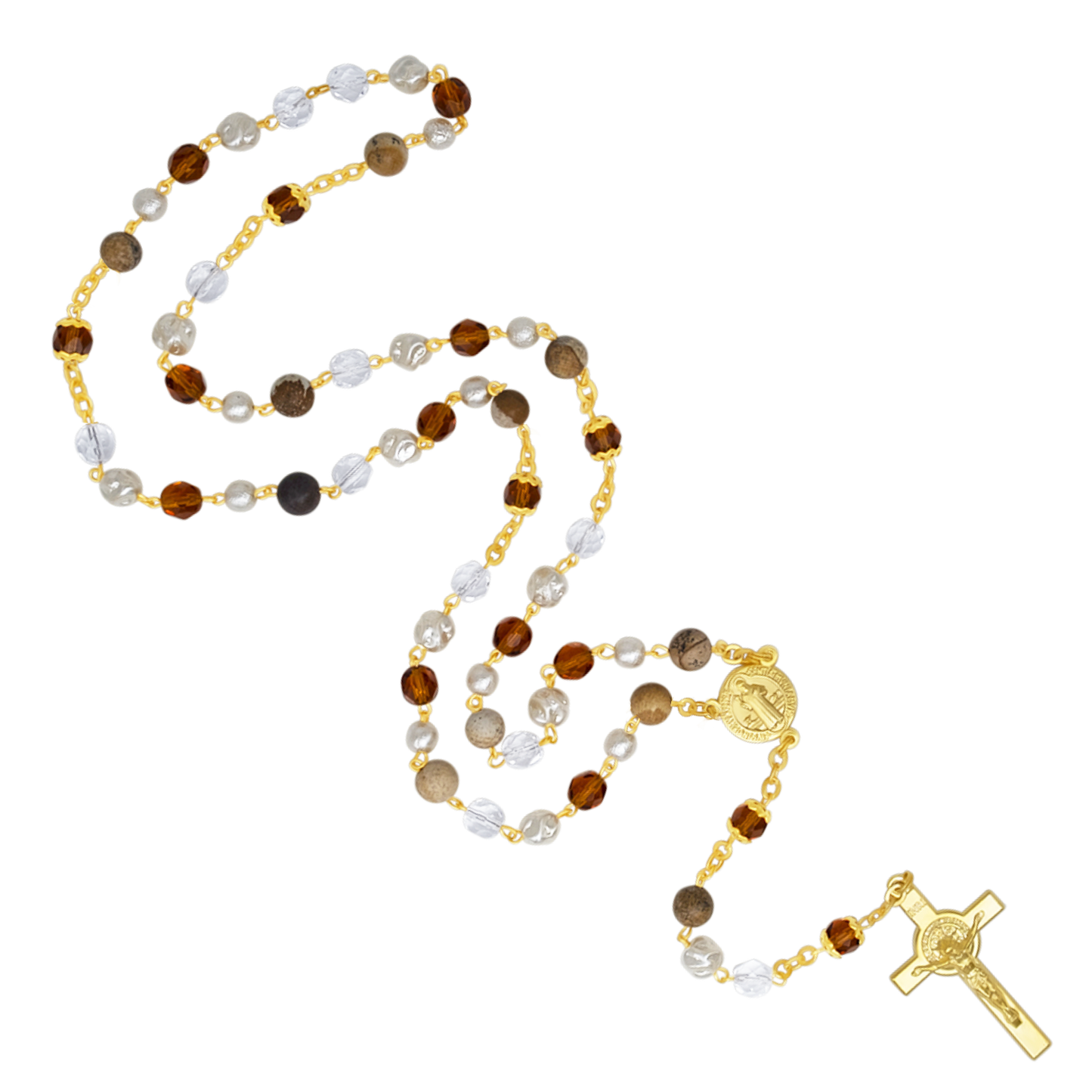 CRYSTALS AND STONES - ST BENEDICT ROSARY - GOLDEN METAL