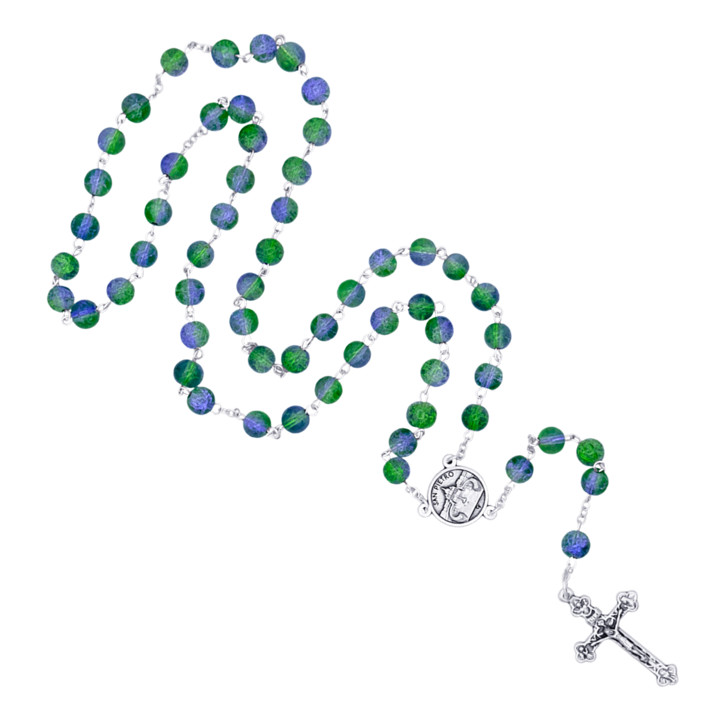 GREEN AND PURPLE GLASS - ROSARY - METAL