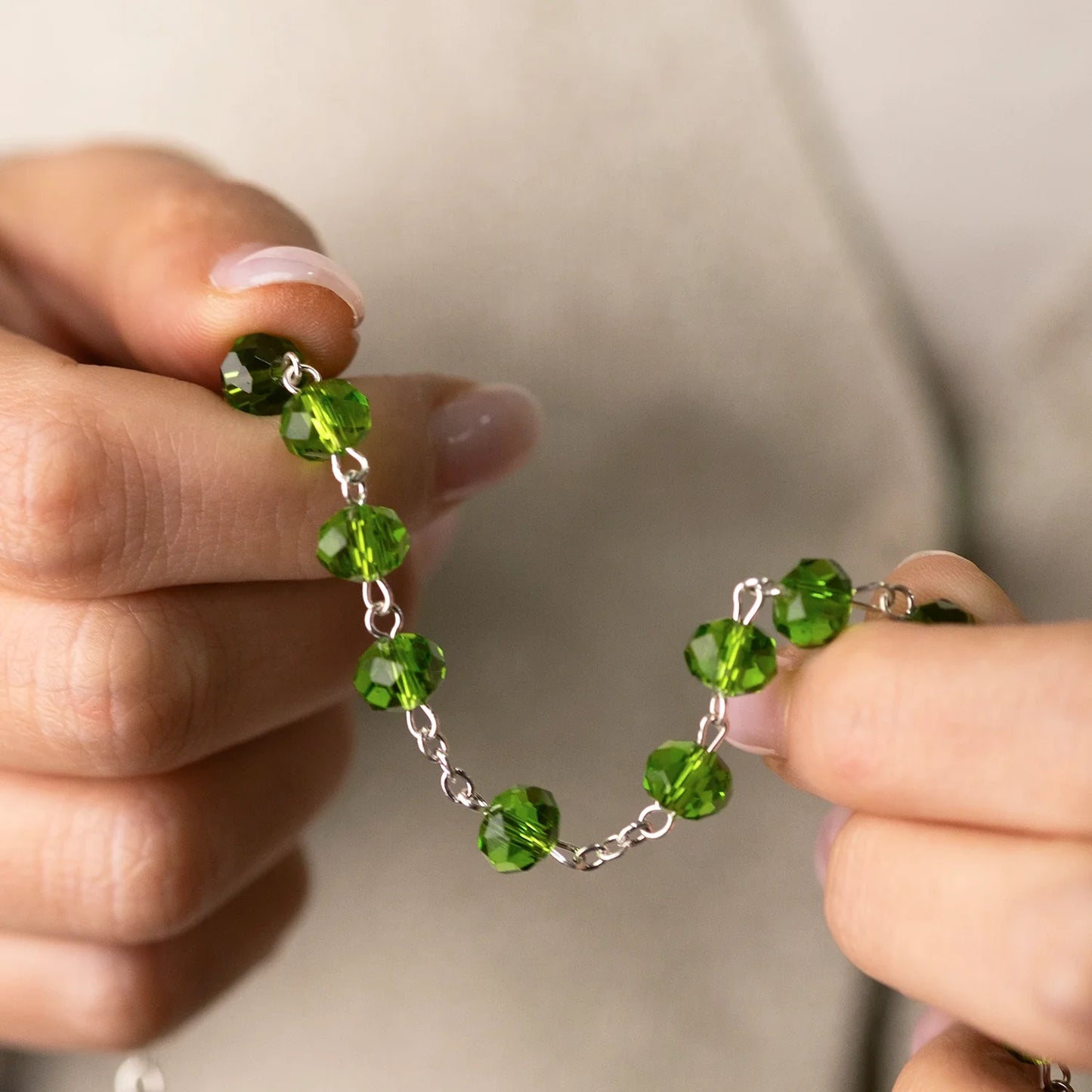 GREEN CRYSTAL ROSARY - METAL
