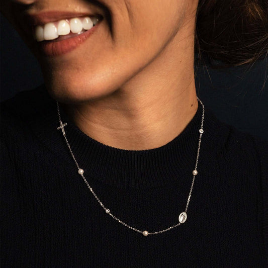 MIRACULOUS EN KRUIS - KETTING PEARL EN CRYSTAL - ZILVER
