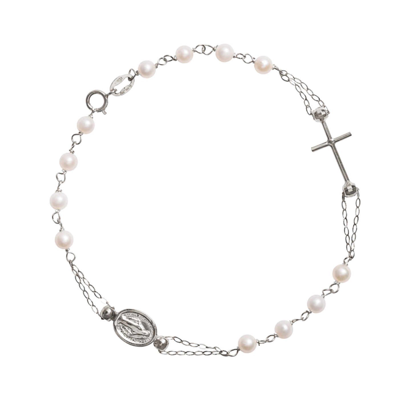 MIRACULOUS EN KRUIS - PEARLS ROZENKRANS ARMBAND - WITGOUD