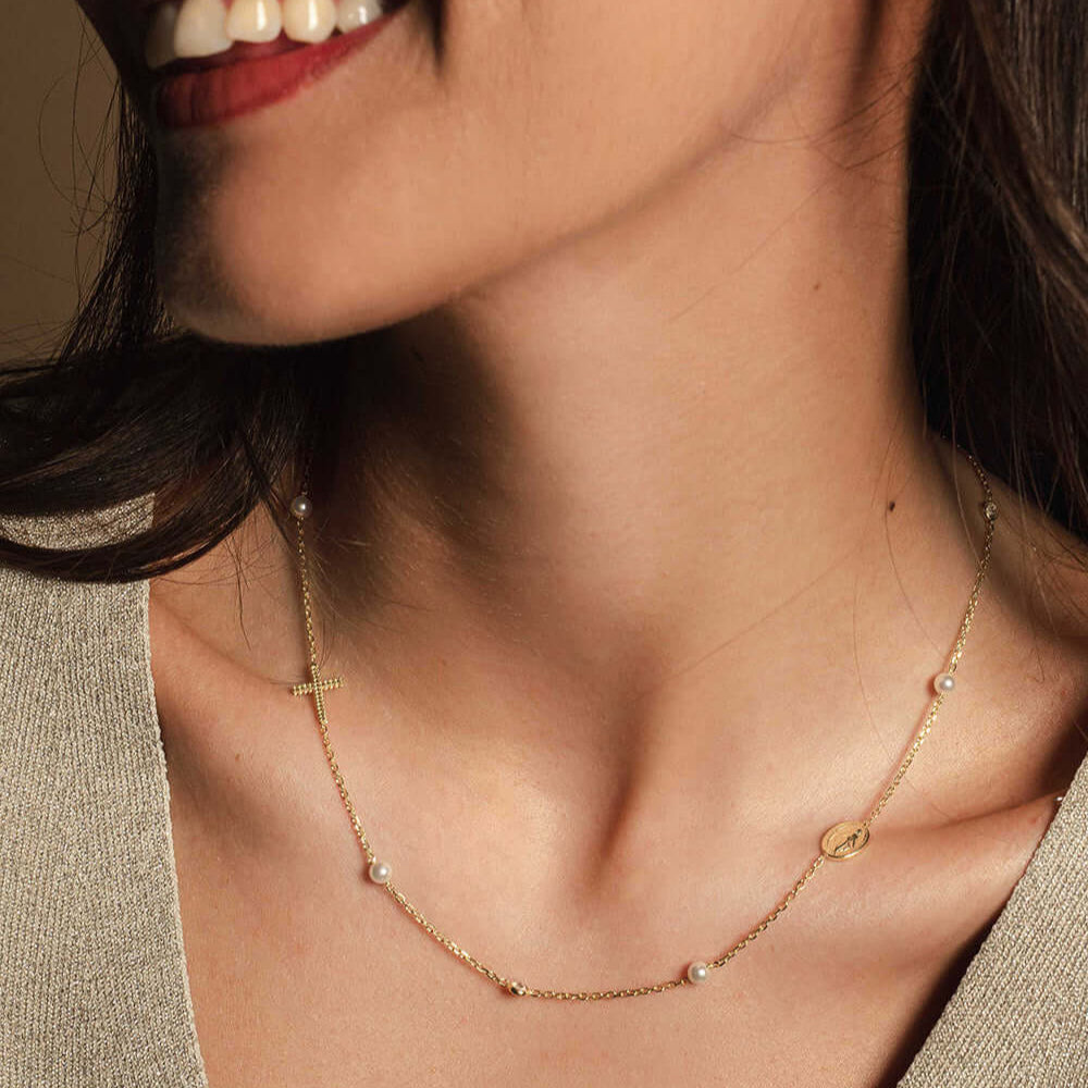 MIRACULOUS AND CROSS - NECKLACE PEARL AND CRYSTAL - VERMEIL SILVER