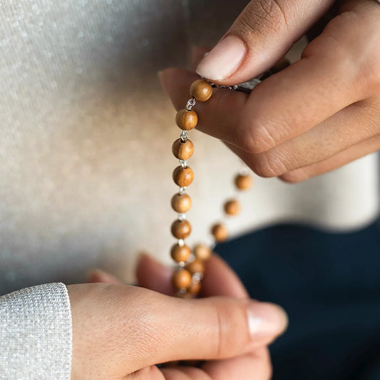 OLIVE WOOD BEADS ROSARY - SILVER