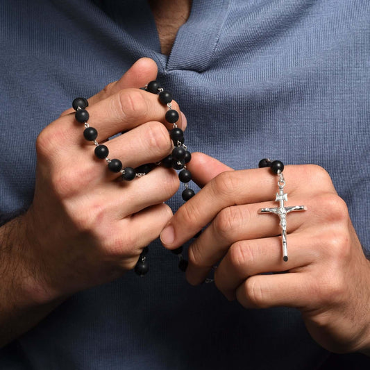 ONYX BEADS ROSARY - SILVER