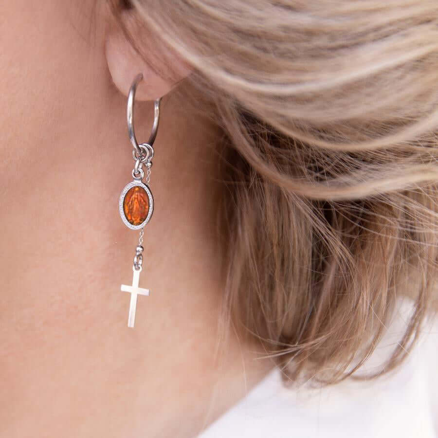 ORANGE MIRACULOUS MEDAILLE - HOOP EARRINGS - ZILVER