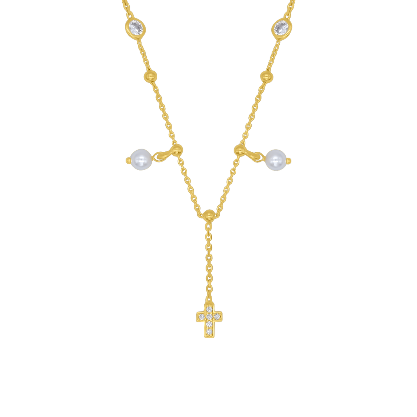CROSS NECKLACE - PEARL AND GOLDEN SILVER