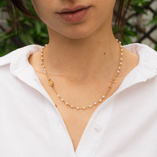 MIRACULOUS EN KRUIS - PEARL KETTING - GOUD