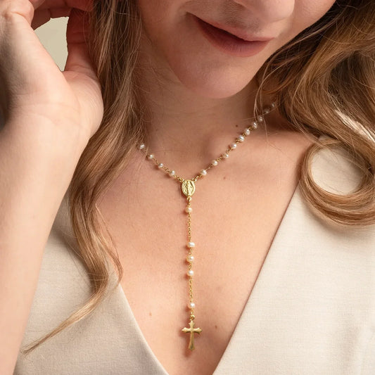 PEARL ROSARY NECKLACE - GOLDEN SILVER