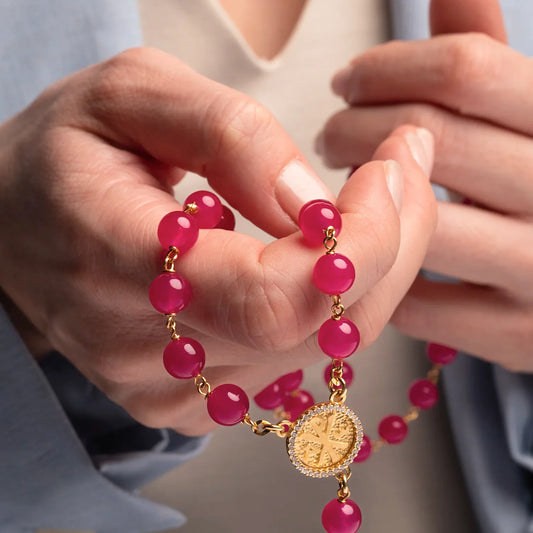 PINK AGATE ROSARY - VERMEIL SILVER