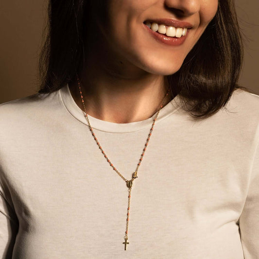 ROSARY NECKLACE - VERMEIL SILVER - PINK ENAMEL