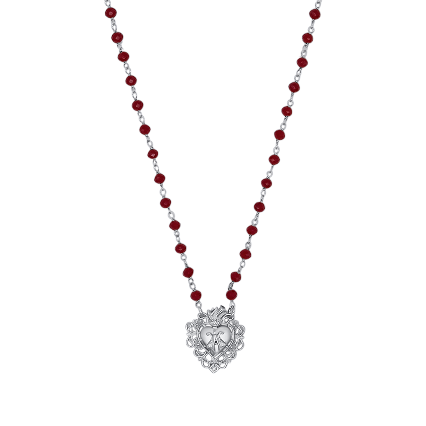 SACRED HEART KETTING - ZILVER EN RED CRYSTALS