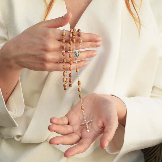 OLIVE WOOD BEADS ROSARY - SILVER