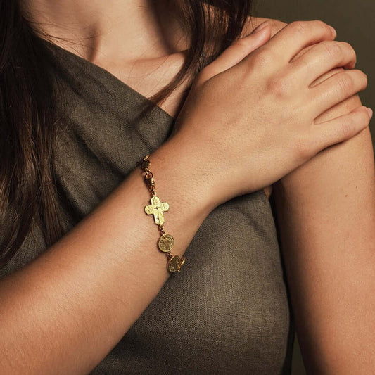 ST BENEDICT MEDAILLE & FOUR WAY KRUIS - ARMBAND - VERMEIL ZILVER