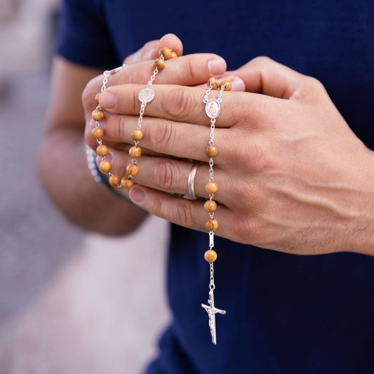 OLIVE WOOD BEADS ROSARY - SILVER
