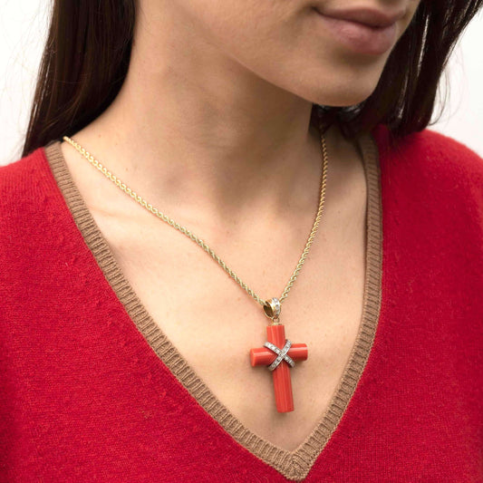 CORAL KRUIS HANGER KETTING MET DIAMANTEN - GOUD