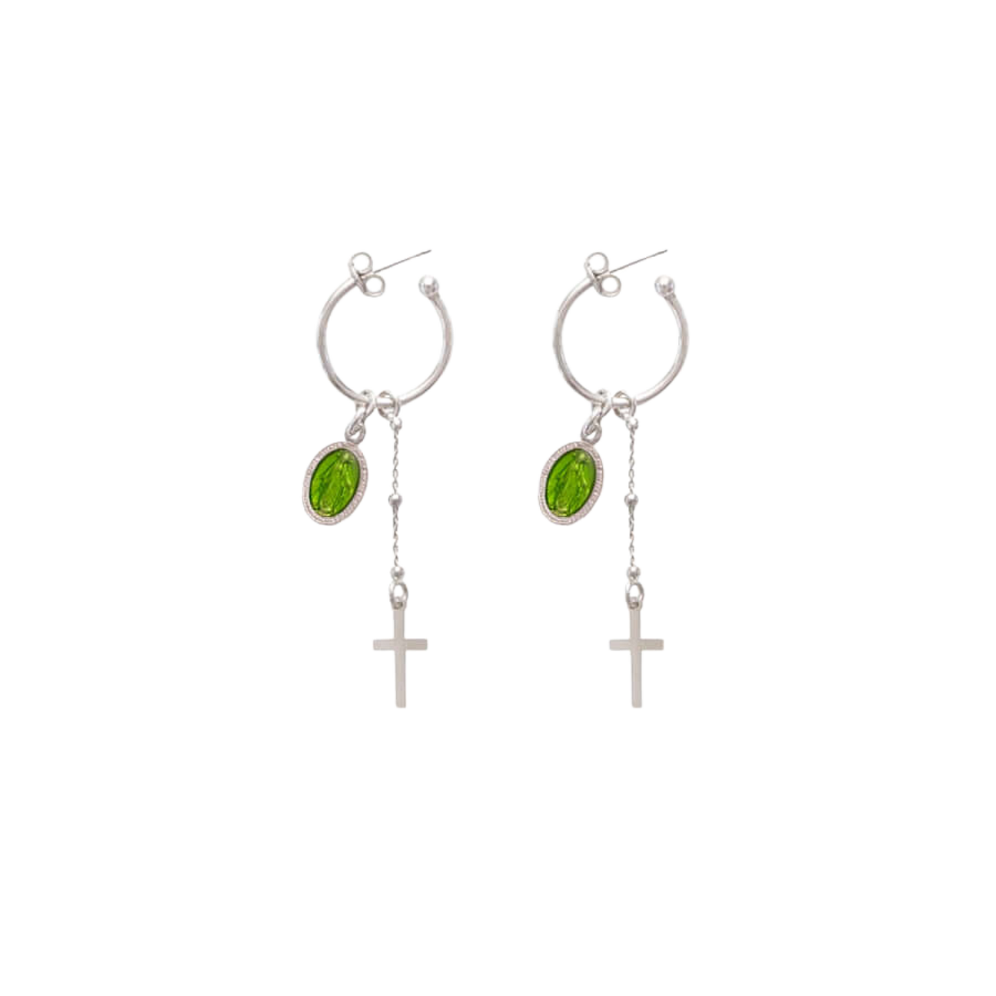 GREEN MIRACULOUS MEDAL - HOOP EARRINGS - SILVER