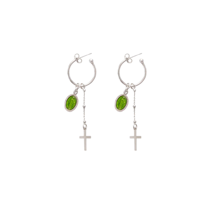 GREEN MIRACULOUS MEDAL - HOOP EARRINGS - SILVER