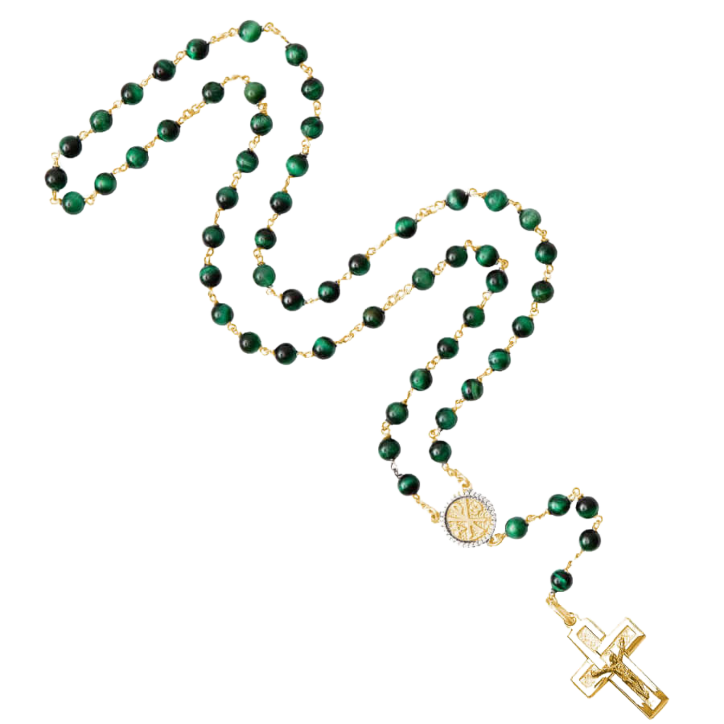 GREEN TIGER EYE ROSARY - VERMEIL SILVER