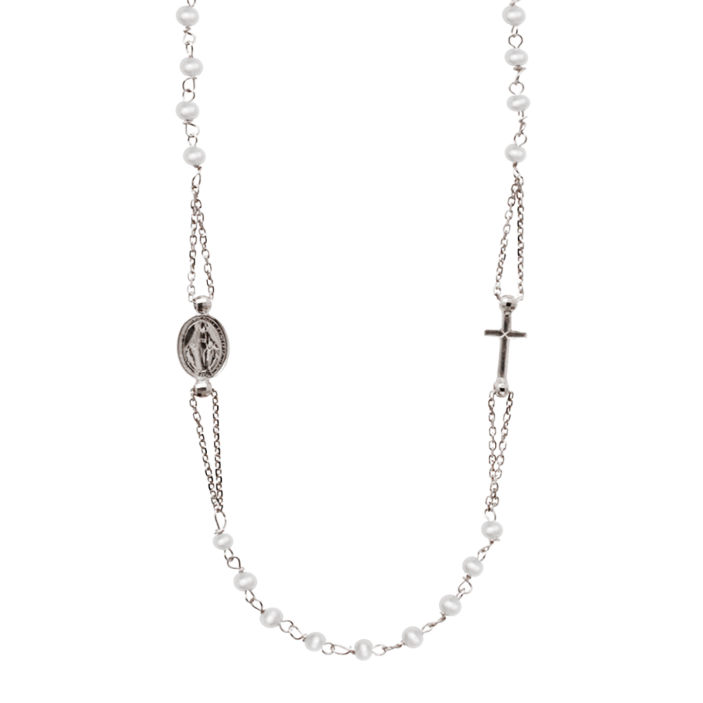 MIRACULOUS AND CROSS - PEARL NECKLACE - WHITE GOLD