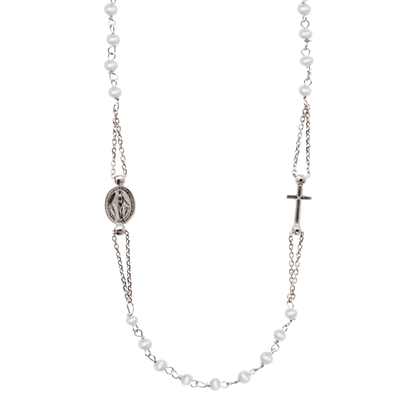MIRACULOUS AND CROSS - PEARL NECKLACE - WHITE GOLD
