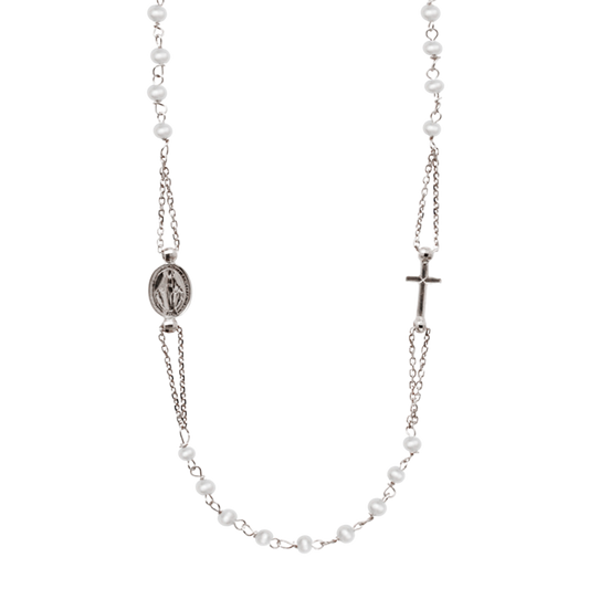 MIRACULOUS EN KRUIS - PEARL KETTING - WITGOUD