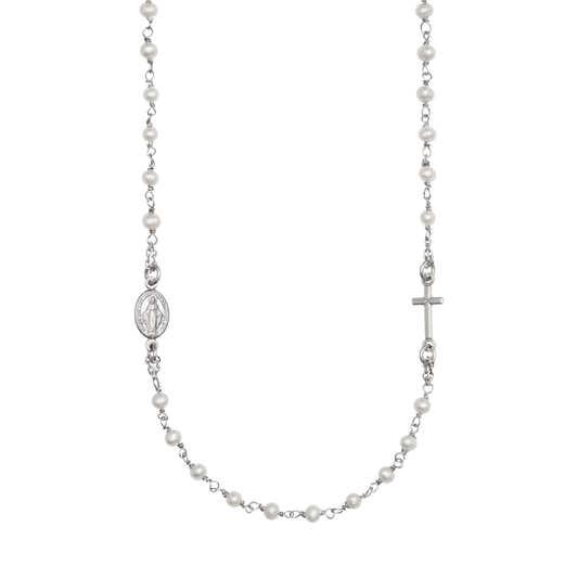 MIRACULOUS EN KRUIS - PEARL KETTING - ZILVER