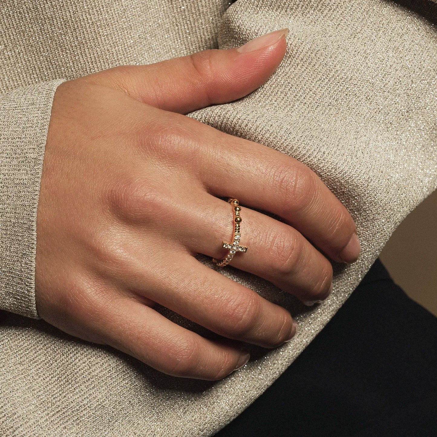 ROSARY RING WITH CROSS - VERMEIL SILVER AND ZIRCONIA
