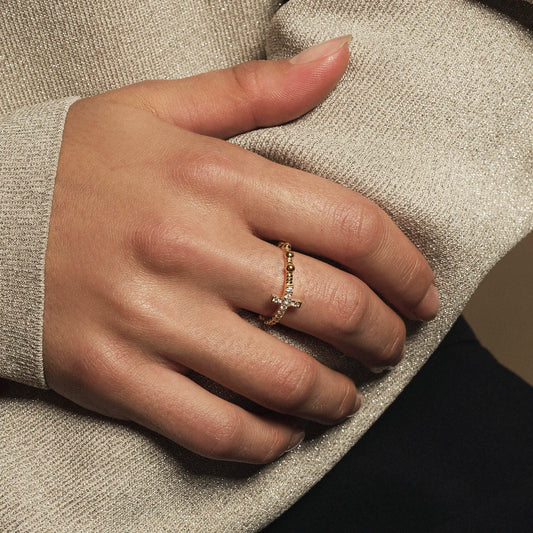 ROSARY RING WITH CROSS - VERMEIL SILVER AND ZIRCONIA
