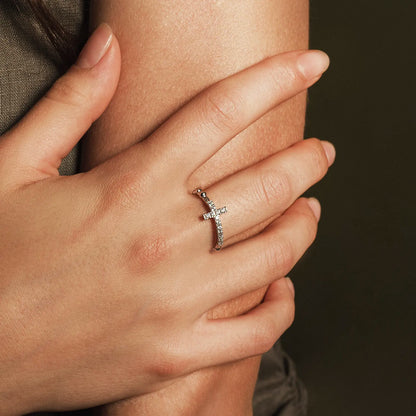 ROSARY RING WITH CROSS - SILVER AND ZIRCONIA