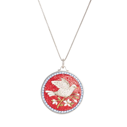 PEACE DOVE - RED MICROMOSAIC - SILVER NECKLACE