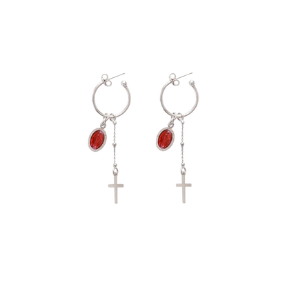RED MIRACULOUS MEDAL - HOOP EARRINGS - SILVER