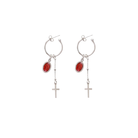 RED MIRACULOUS MEDAILLE - HOOP EARRINGS - ZILVER