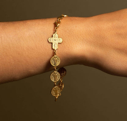 ST BENEDICT MEDAL & FOUR WAY CROSS - BRACELET - VERMEIL SILVER