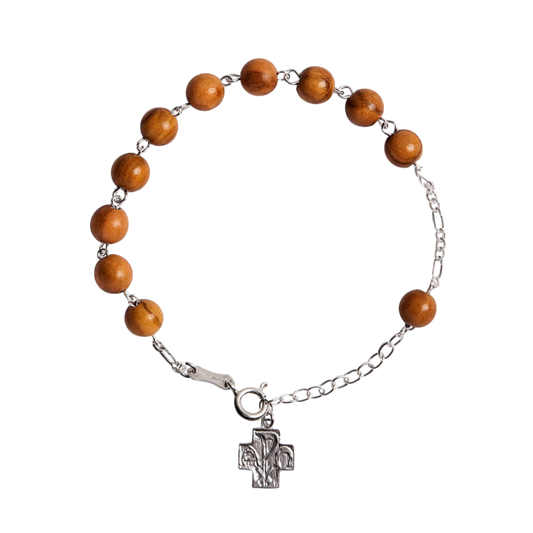 OLIVE WOOD BEADS ROSARY BRACELET - SILVER