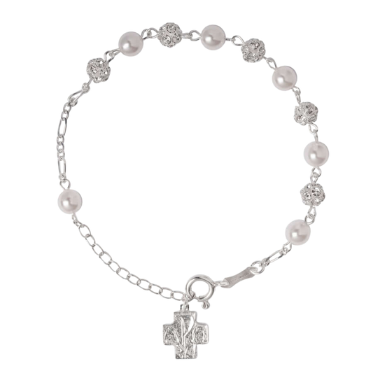 STRASSBALL EN GLASS - PEARL ROZENKRANS ARMBAND - ZILVER
