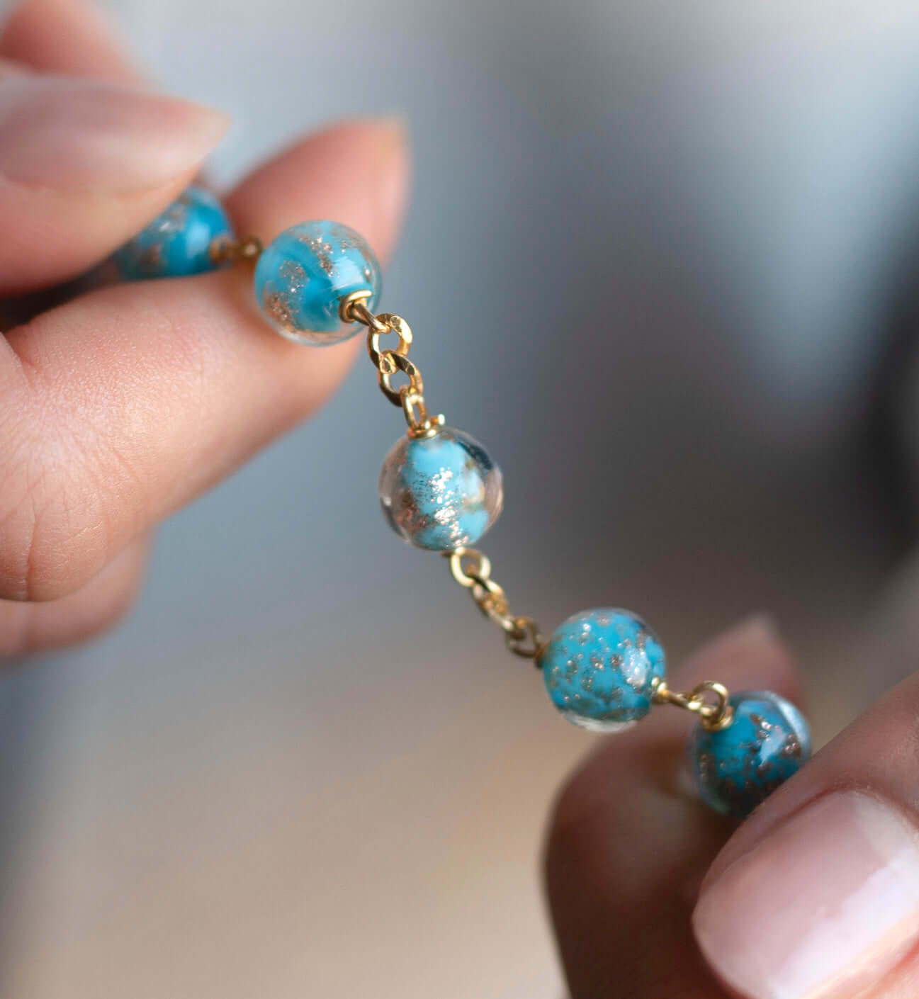 LIGHT BLUE GLASS BEADS ROSARY - VERMEIL SILVER