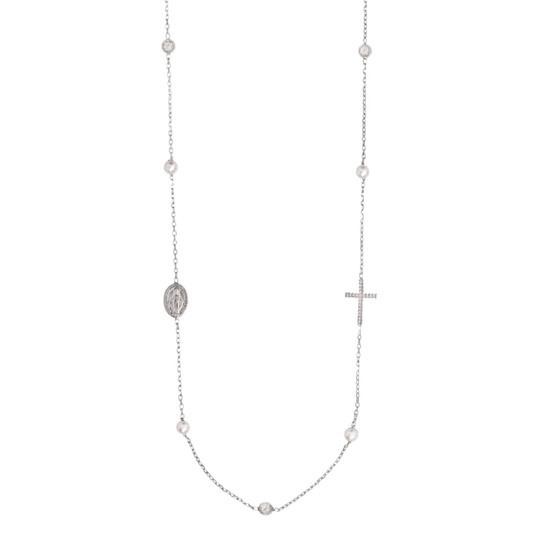 MIRACULOUS EN KRUIS - KETTING PEARL EN CRYSTAL - ZILVER