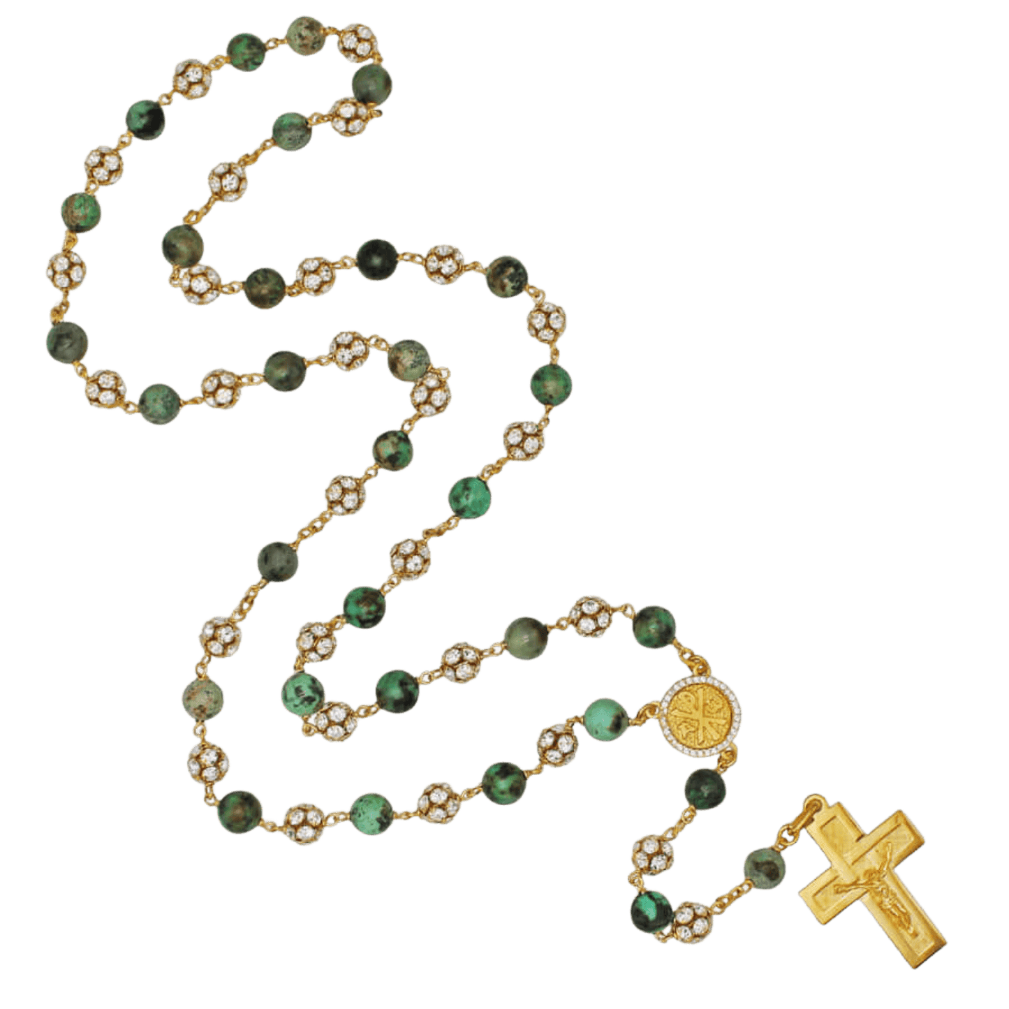 AFRICAN TURQUOISE ROZENKRANS EN STRASSBALL - VERMEIL ZILVER