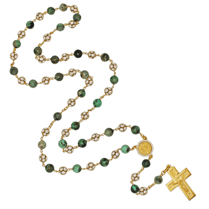 AFRICAN TURQUOISE ROZENKRANS EN STRASSBALL - VERMEIL ZILVER