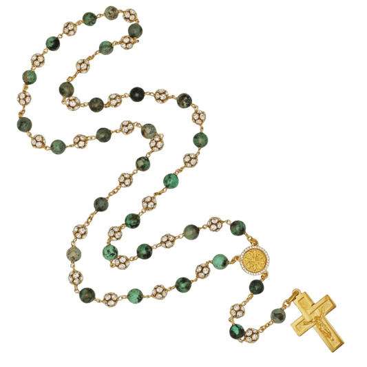 AFRICAN TURQUOISE ROZENKRANS EN STRASSBALL - VERMEIL ZILVER