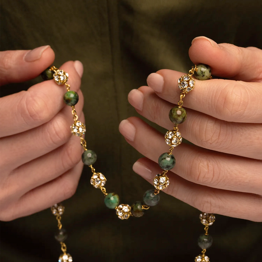 AFRICAN TURQUOISE ROZENKRANS EN STRASSBALL - VERMEIL ZILVER