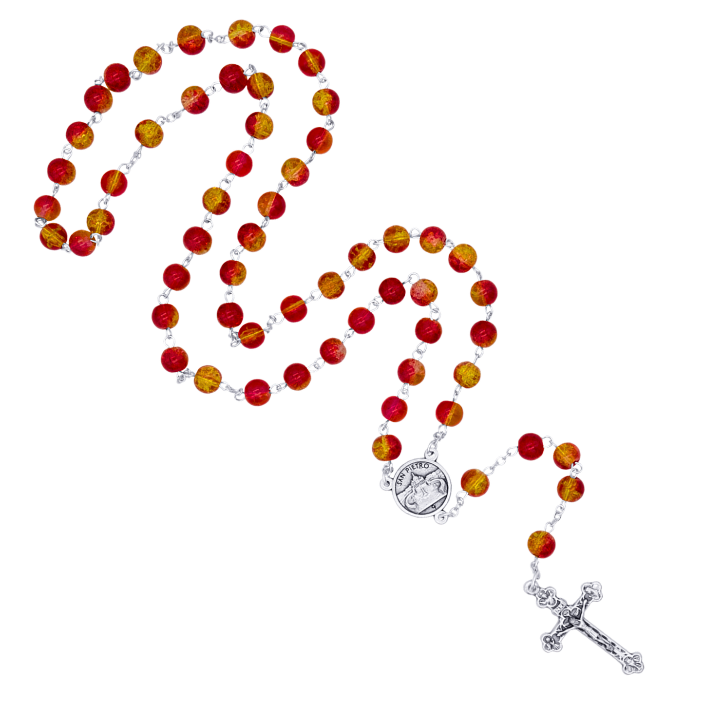 RED AND YELLOW GLASS  - ROSARY - METAL
